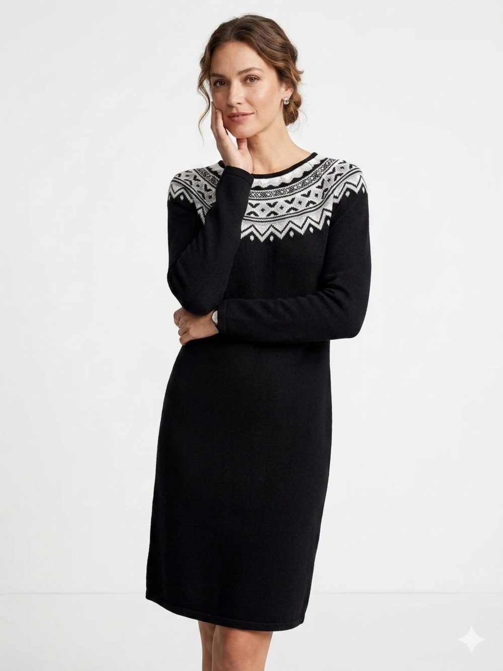 Chaps Fair Isle Nordic Yoke Long Sleeve Knit Sweater Dress Black White Med - 613